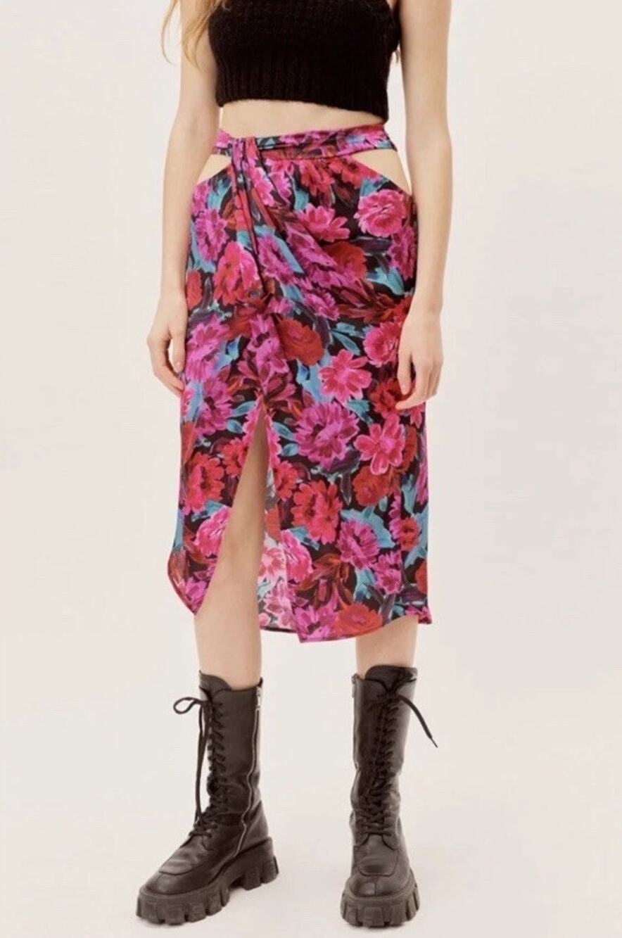 NWT For Love & Lemons Lily Floral Cutout Wrap Midi Skirt Pink Multi Size S